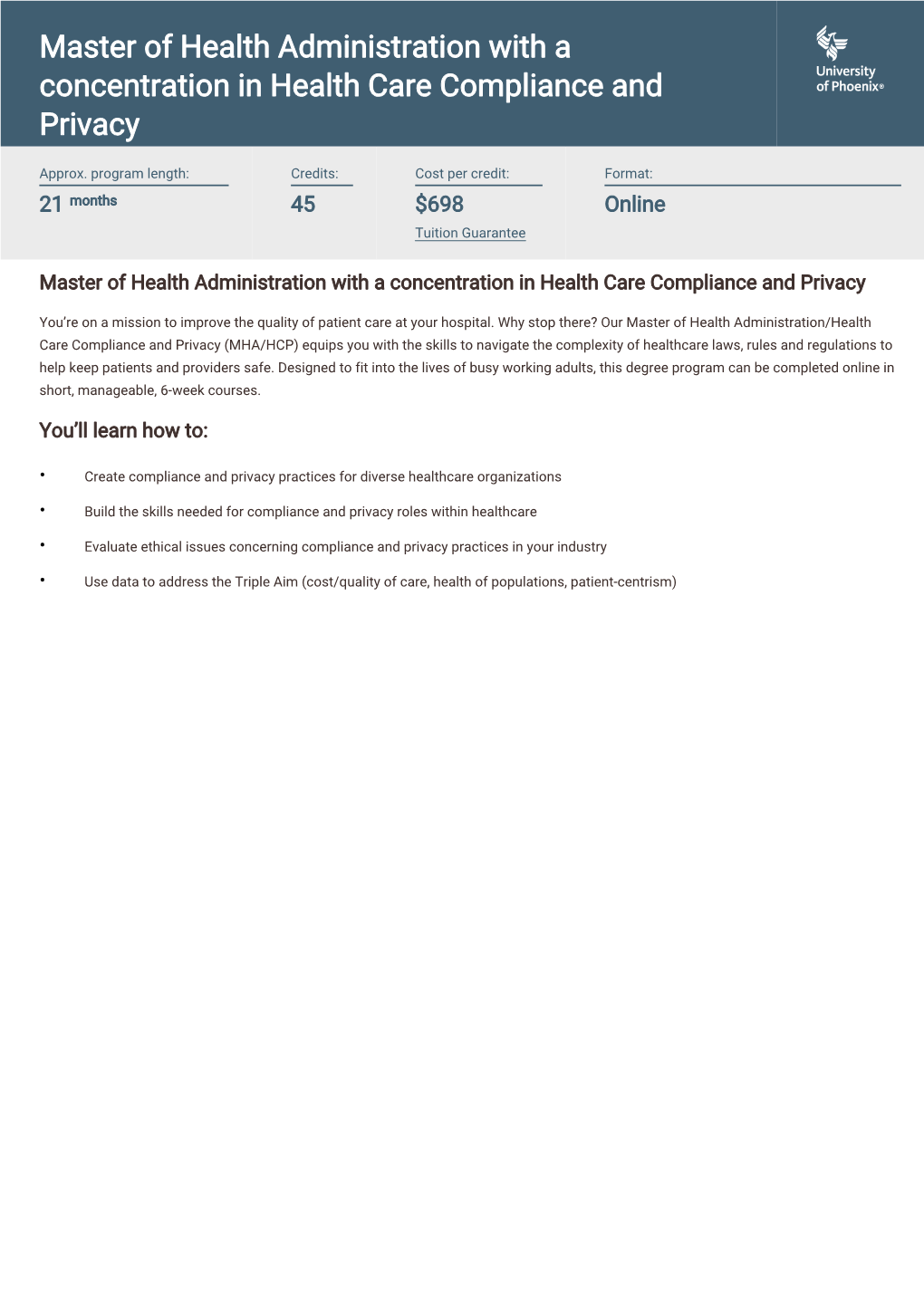 Master of Health Administration with a Concentration in Health Care Compliance and Privacy