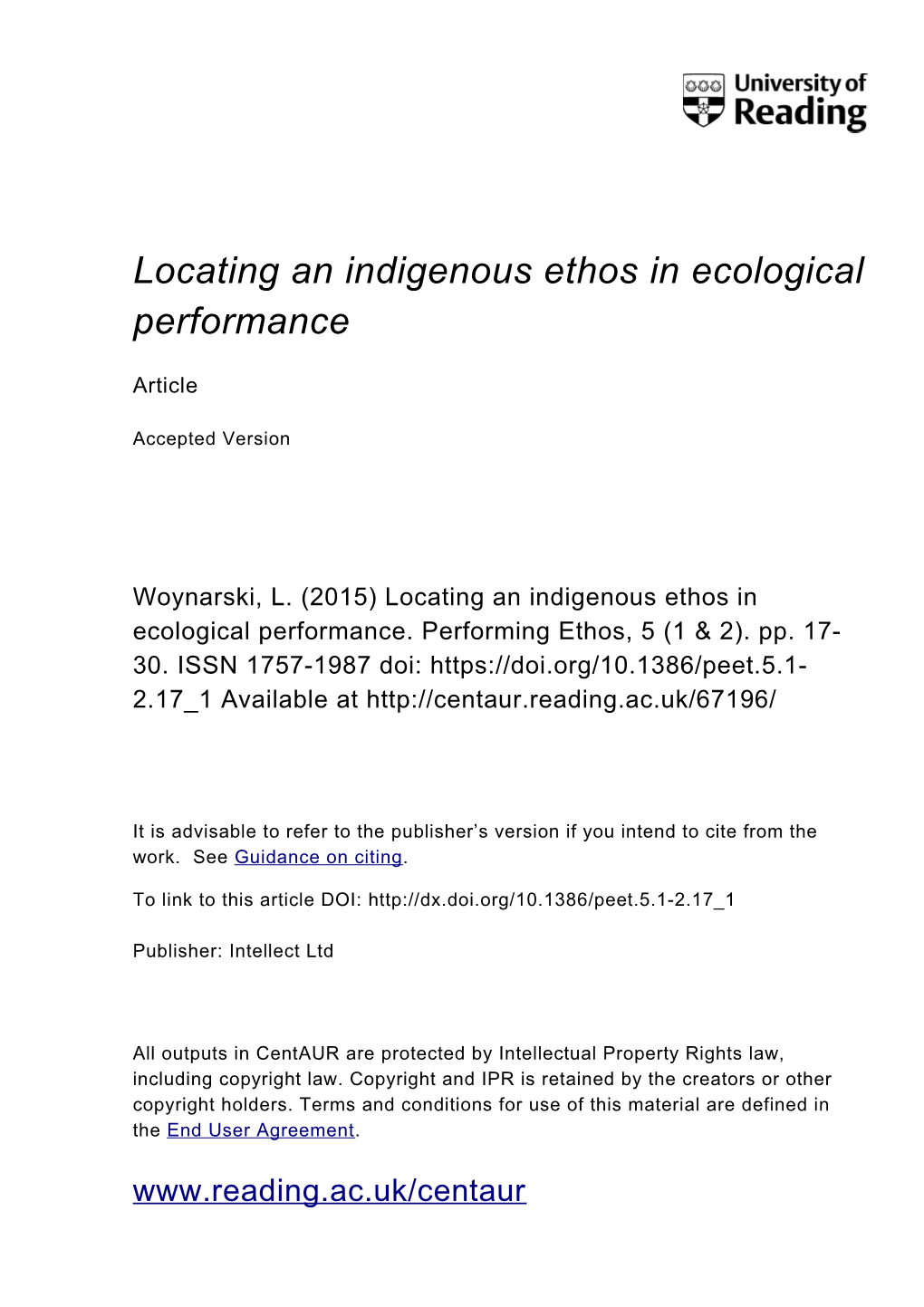 Locating an Indigenous Ethos in Ecological Performance