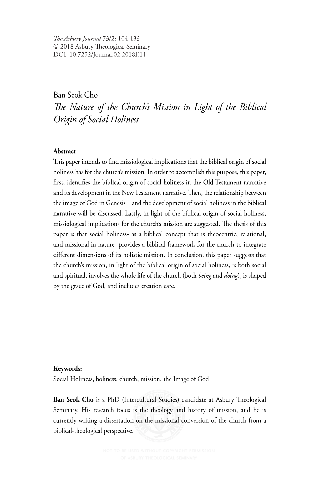 The Nature of the Church's Mission in Light of the Biblical Origin of Social