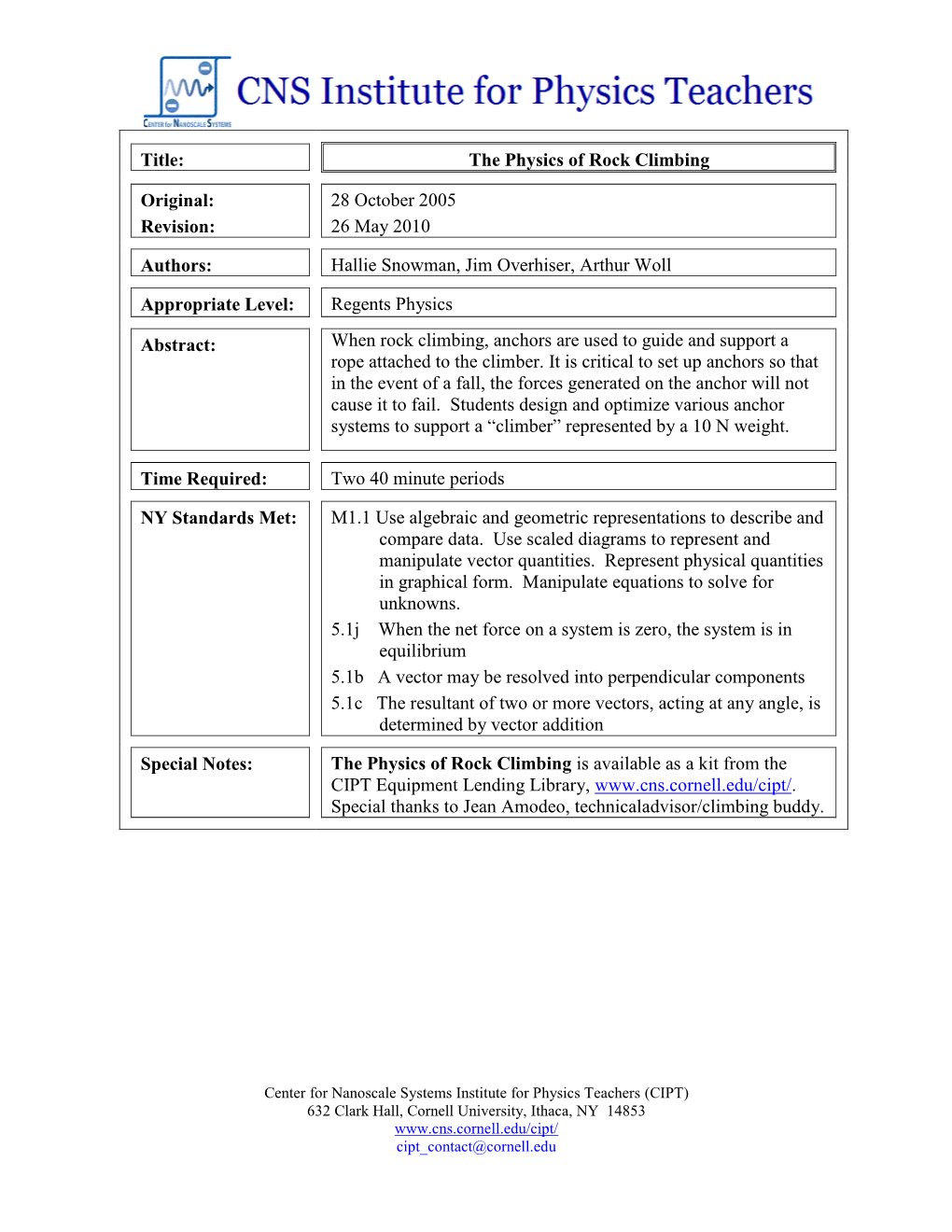 Title: the Physics of Rock Climbing Original: Revision: 28 October 2005