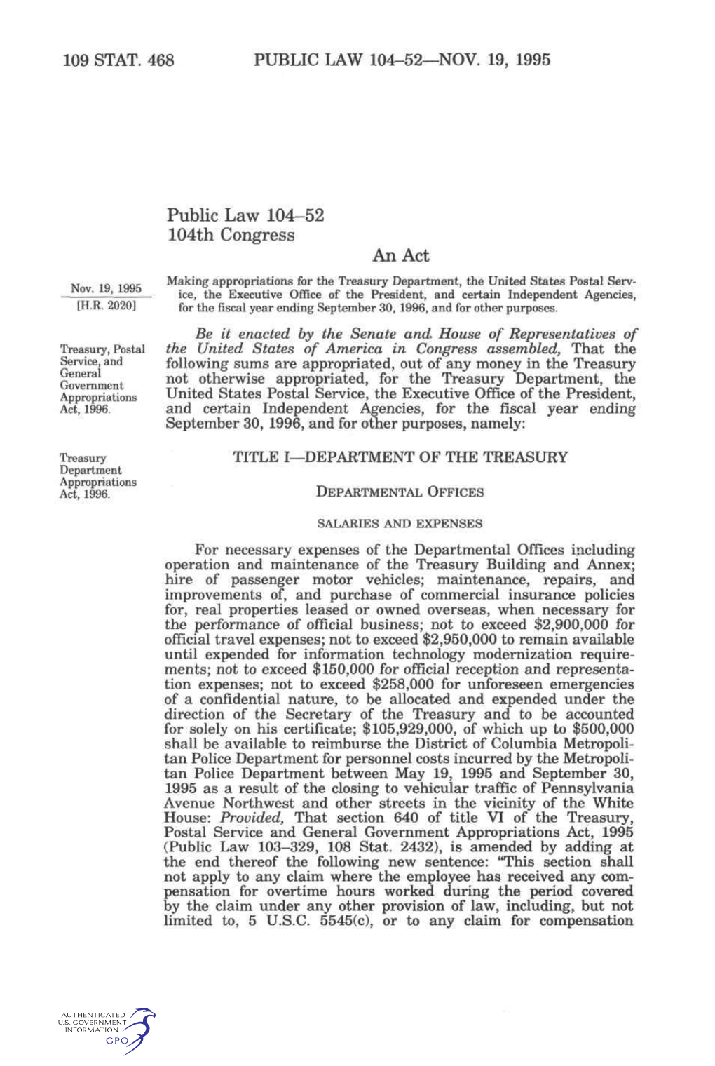 109 Stat. 468 Public Law 104-52—Nov. 19, 1995
