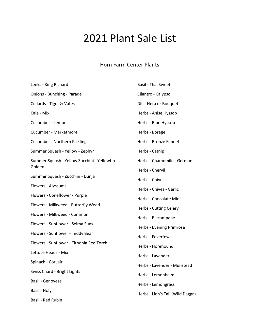 2021 Plant List