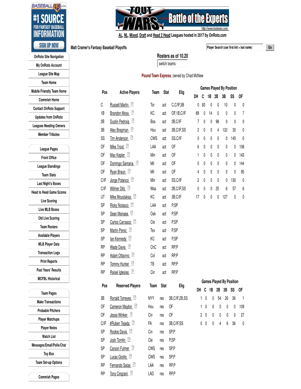 Rosters As of 10.20 My Onroto Account Switch Teams