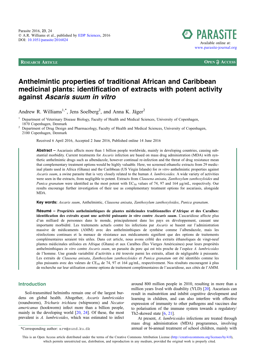 Anthelmintic Properties of Traditional African and Caribbean Medicinal Plants: Identiﬁcation of Extracts with Potent Activity Against Ascaris Suum in Vitro