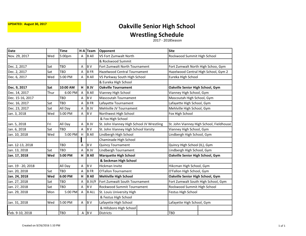 Oakville Senior High School Wrestling Schedule 2017 - 2018Season