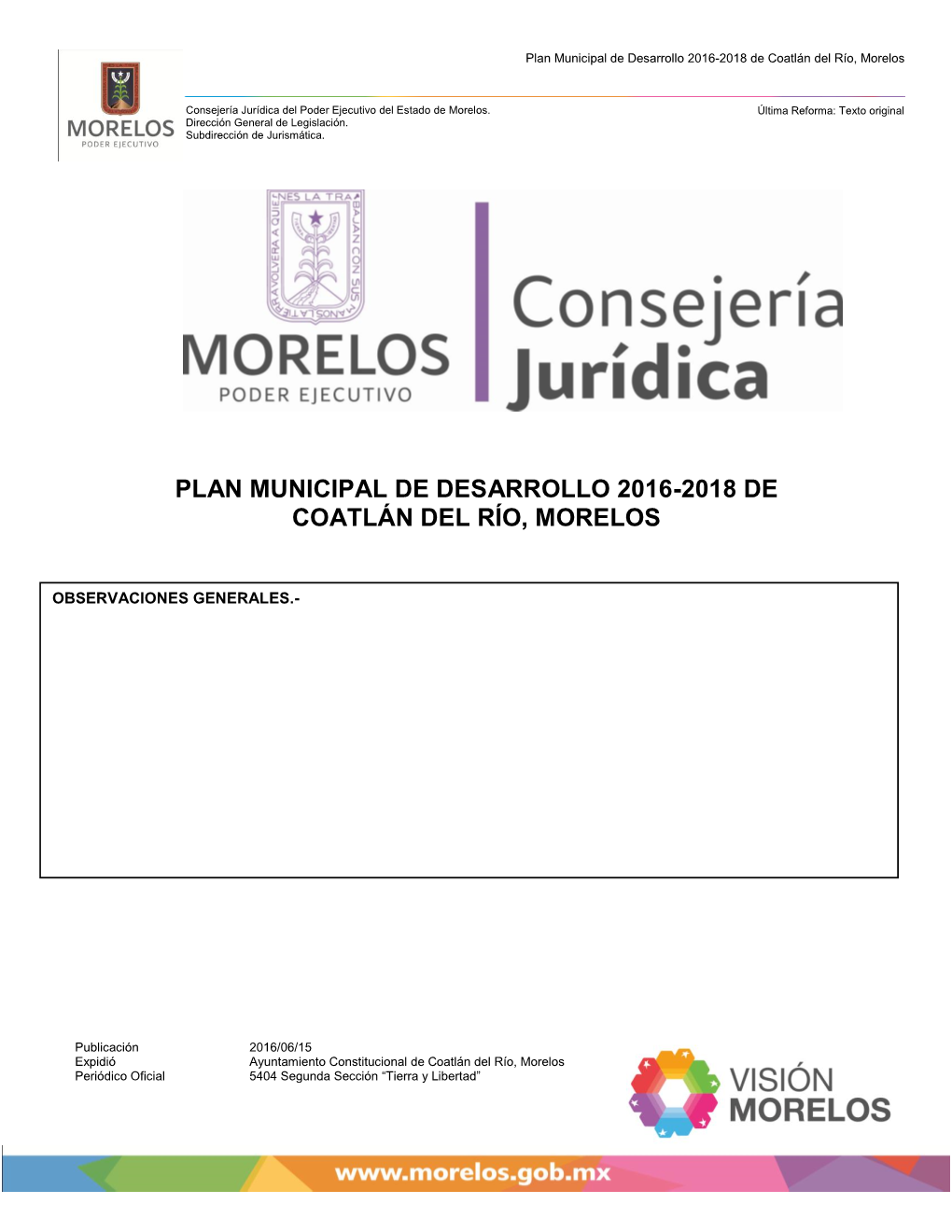 Plan Municipal De Desarrollo 2016-2018 De Coatlán Del Río, Morelos