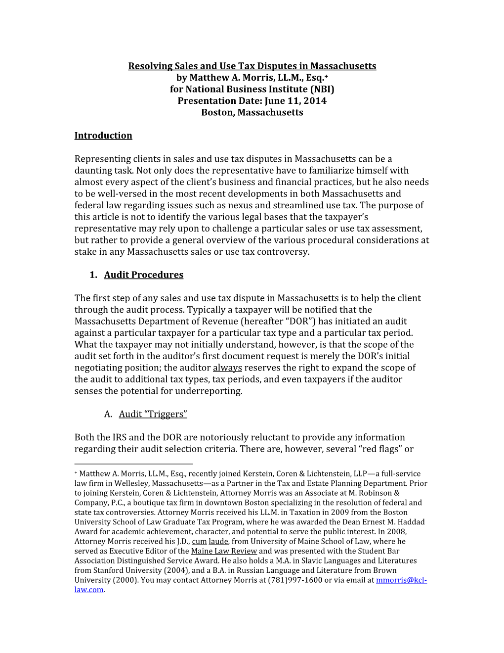 Resolving Sales and Use Tax Disputes in Massachusetts by Matthew A