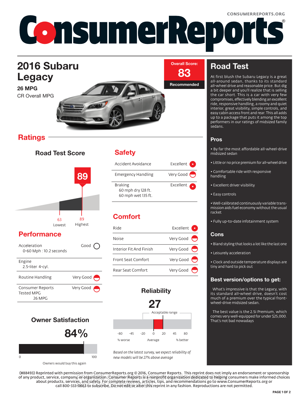 83 at First Blush the Subaru Legacy Is a Great Legacy All-Around Sedan, Thanks to Its Standard Recommended All-Wheel Drive and Reasonable Price