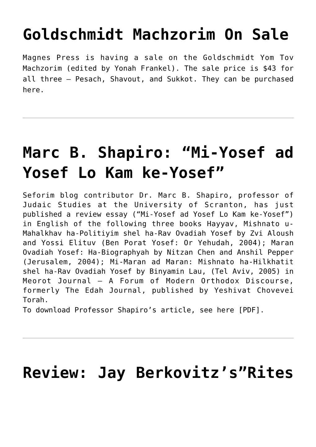 Goldschmidt Machzorim on Sale,Marc B. Shapiro: &#8220;Mi-Yosef Ad Yosef Lo Kam Ke-Yosef&#8221