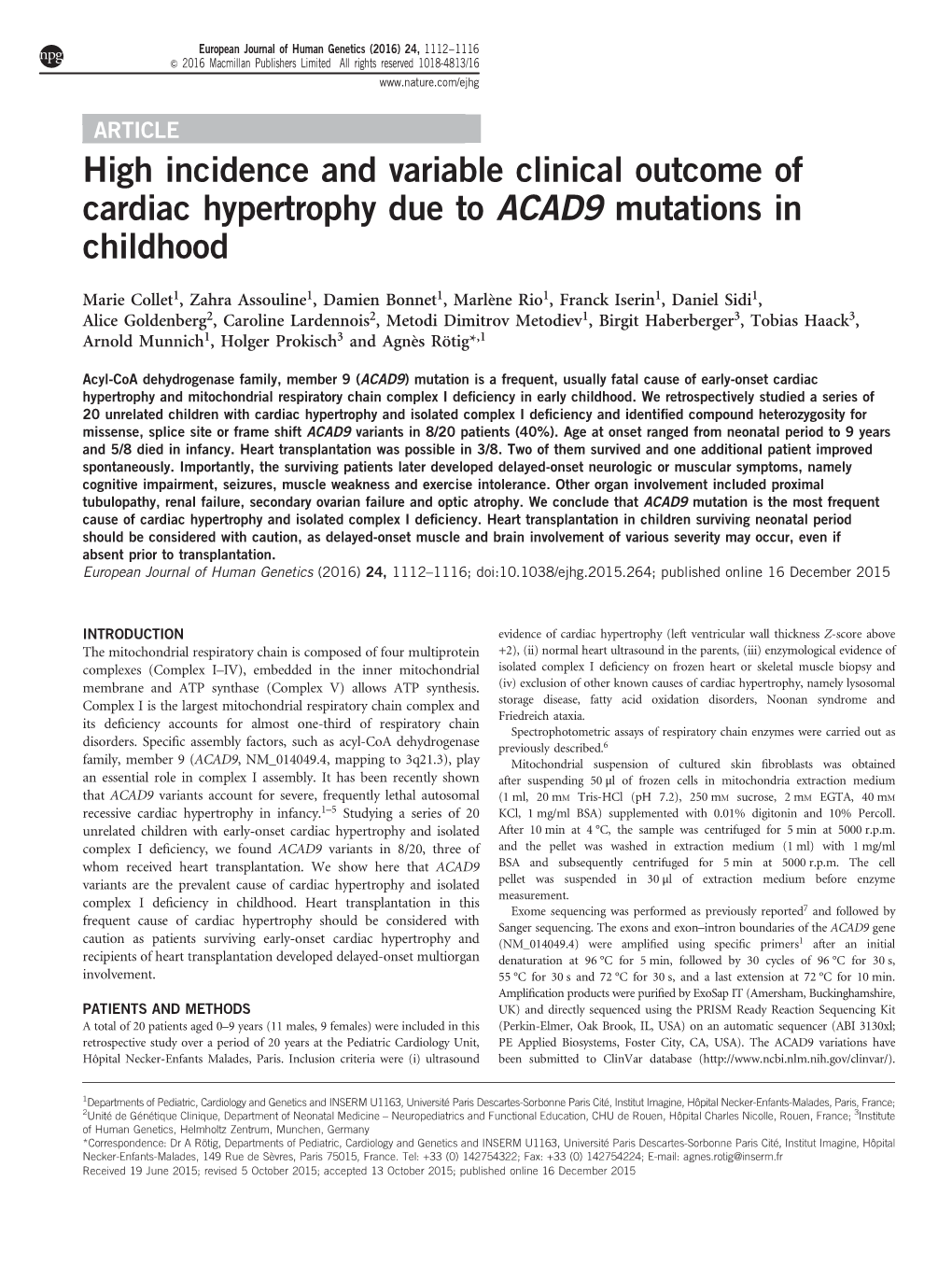 High Incidence and Variable Clinical Outcome of Cardiac Hypertrophy Due to ACAD9 Mutations in Childhood