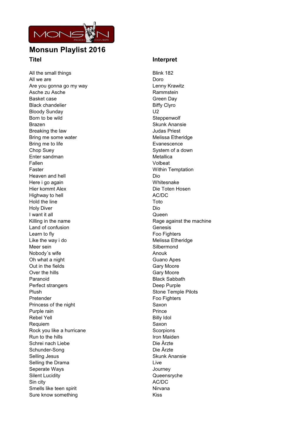 Monsun Playlist 2016 Titel Interpret