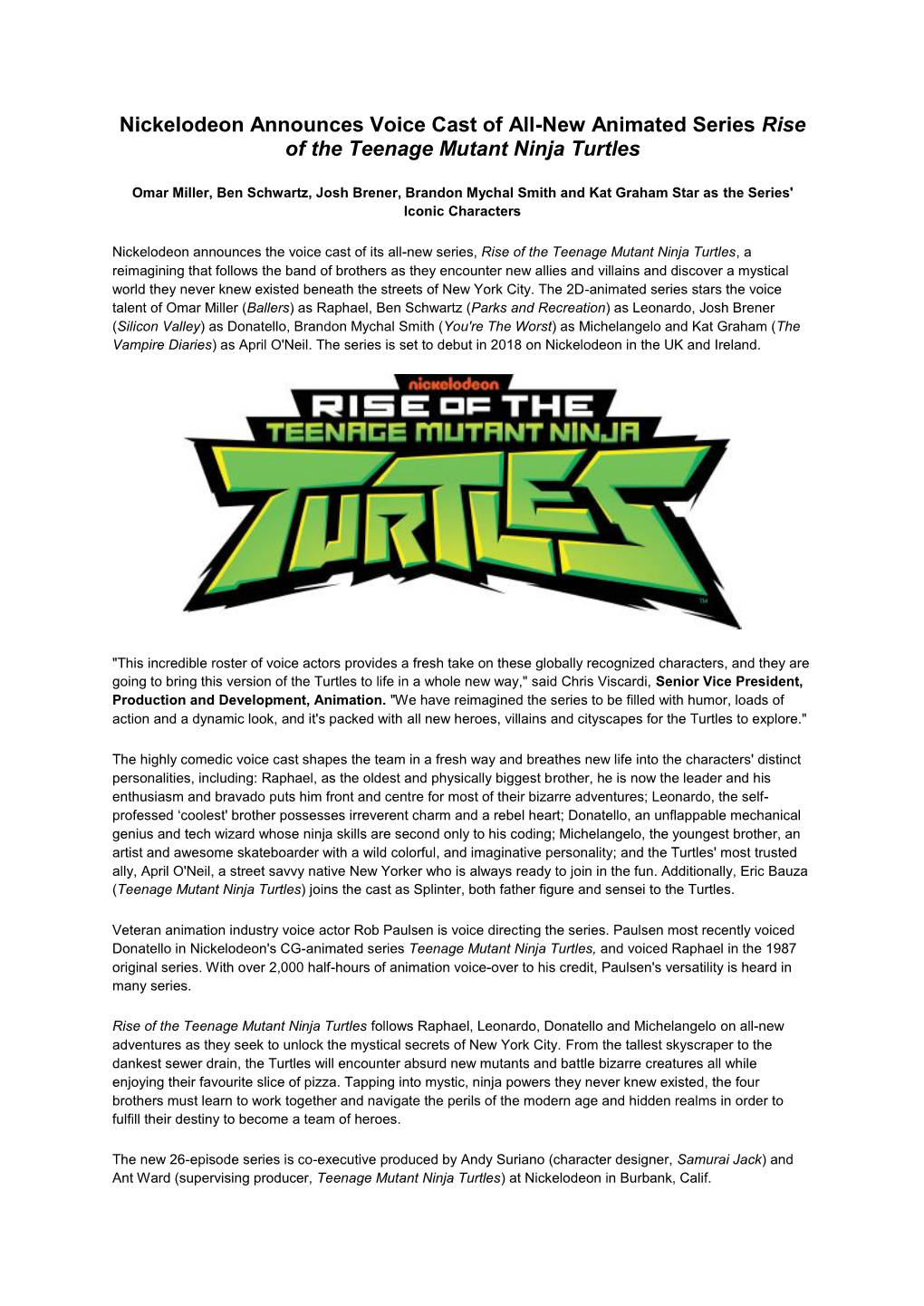 Nickelodeon Announces Voice Cast of All-New Animated Series Rise of the Teenage Mutant Ninja Turtles