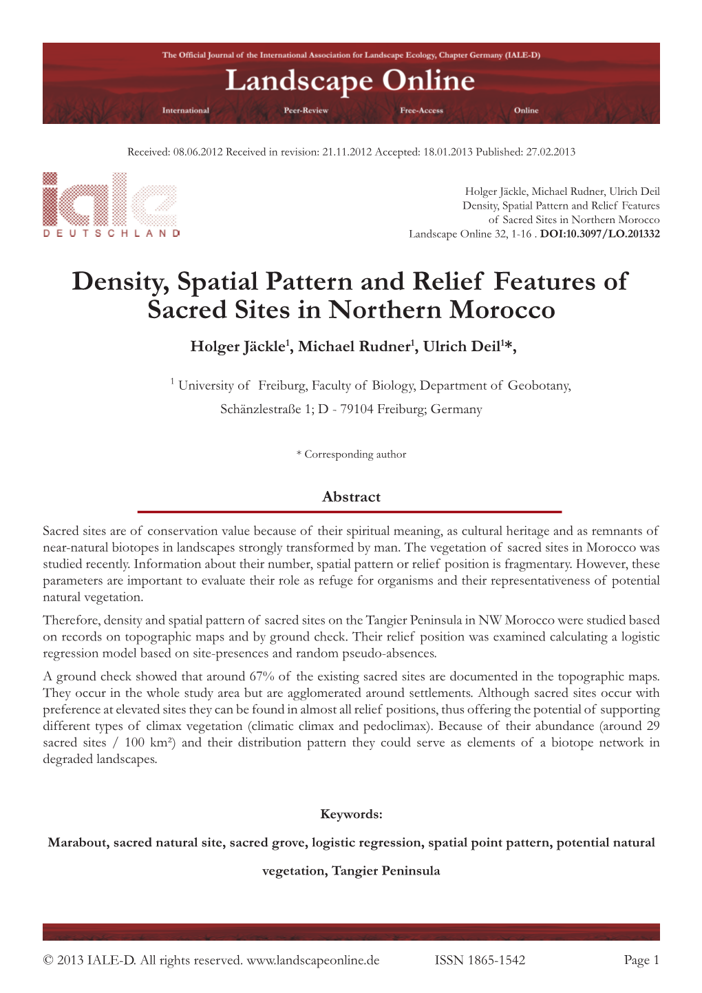 Density, Spatial Pattern and Relief Features of Sacred Sites in Northern Morocco Landscape Online 32, 1-16