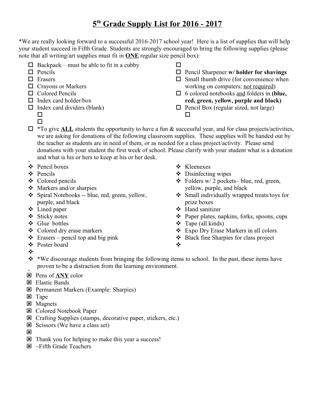 5Th Grade Supply List for 2008-2009