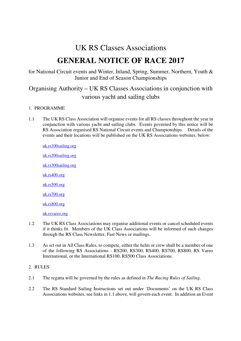 UK RS Classes Associations GENERAL NOTICE of RACE 2017