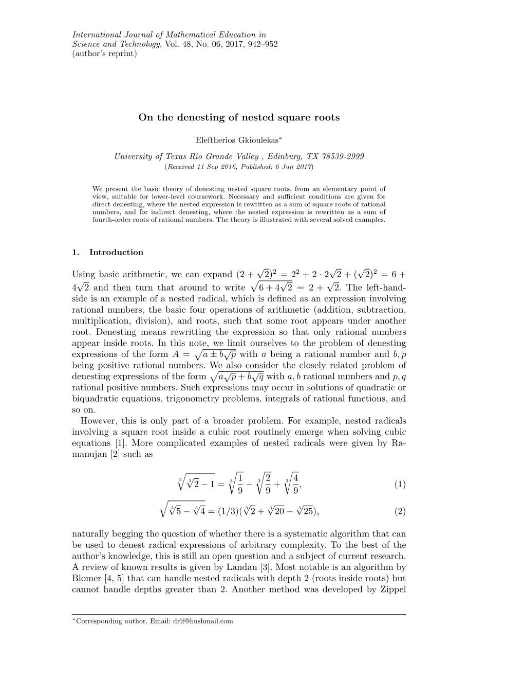 On the Denesting of Nested Square Roots