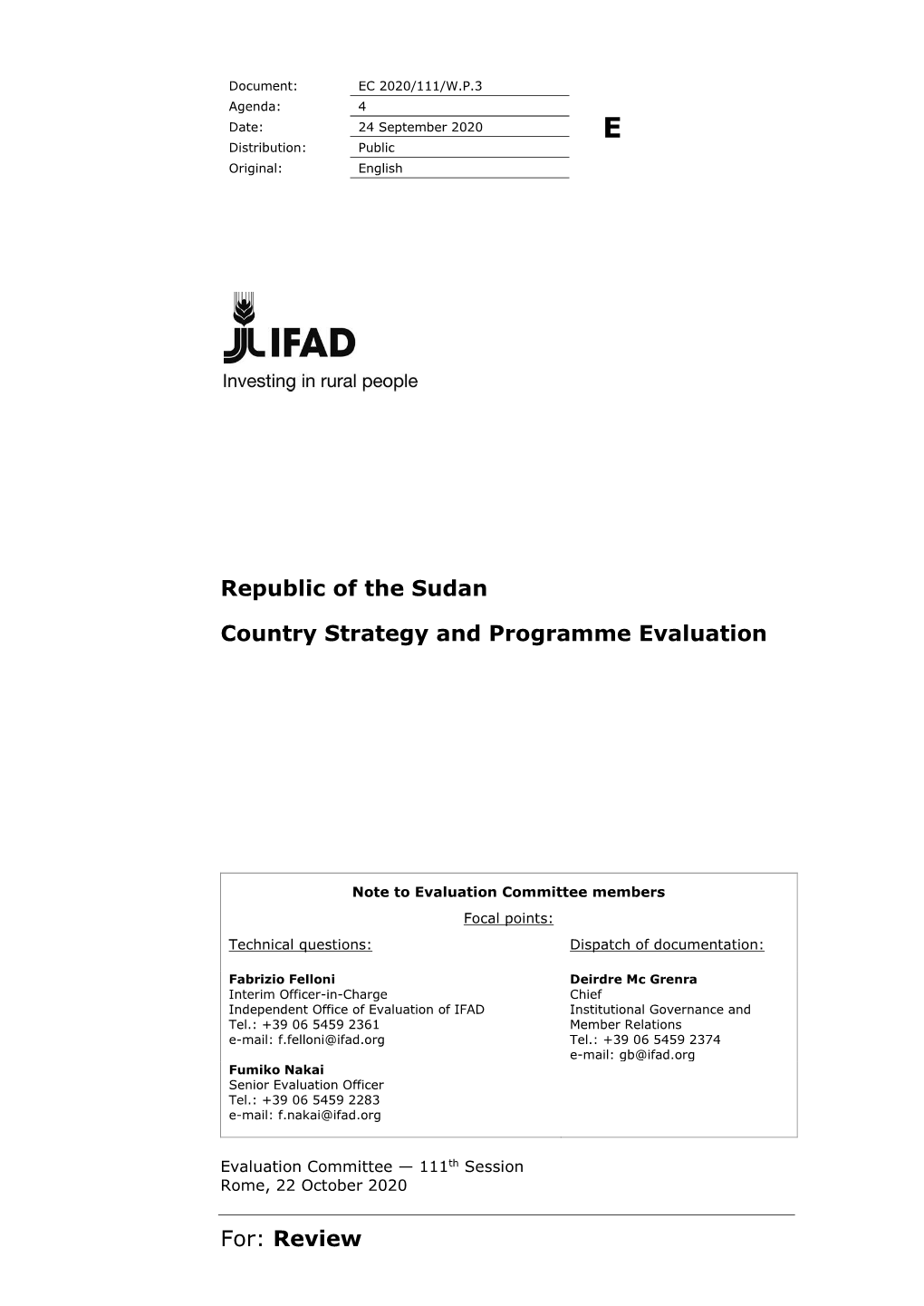 For: Review Republic of the Sudan Country Strategy and Programme