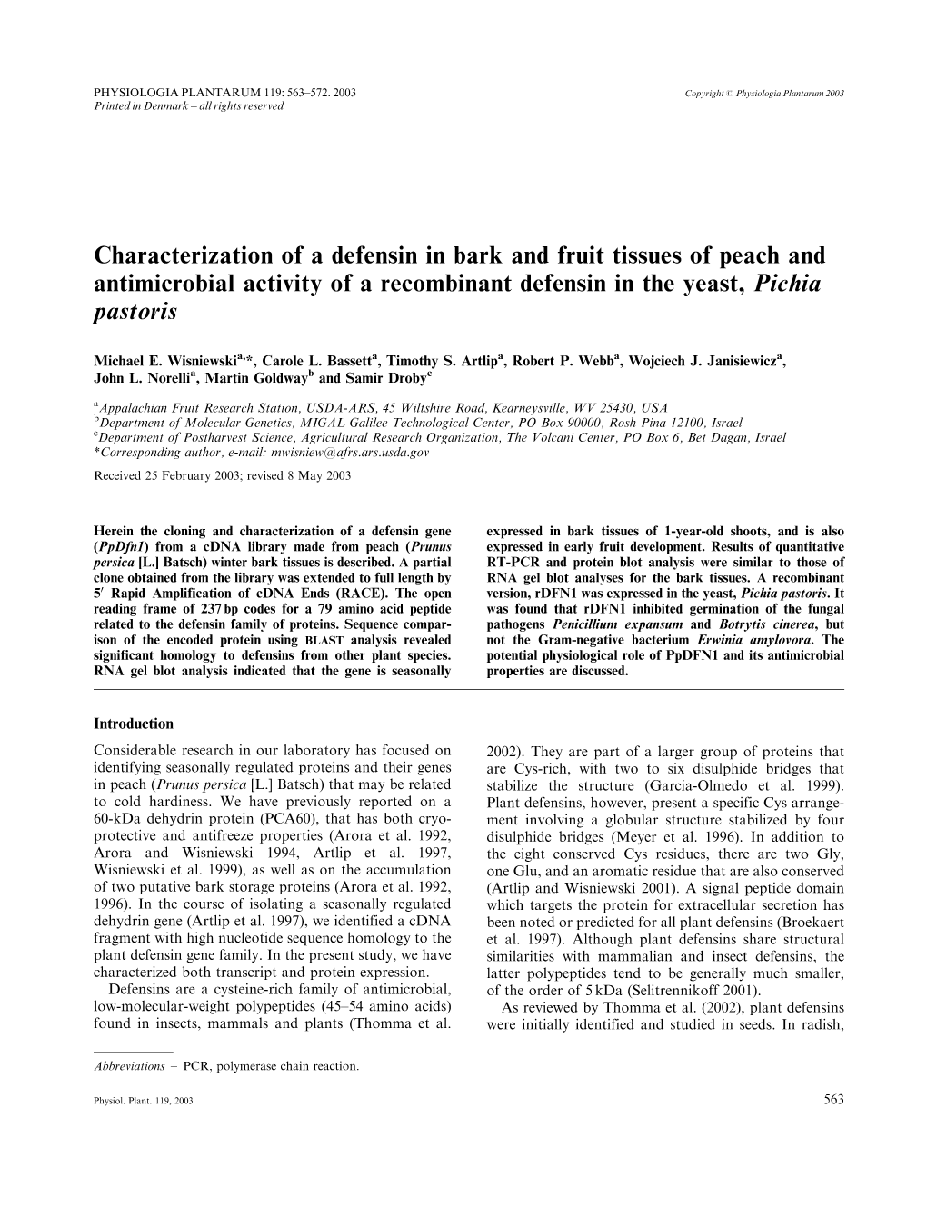 Characterization of a Defensin in Bark and Fruit Tissues of Peach and Antimicrobial Activity of a Recombinant Defensin in the Yeast, Pichia Pastoris