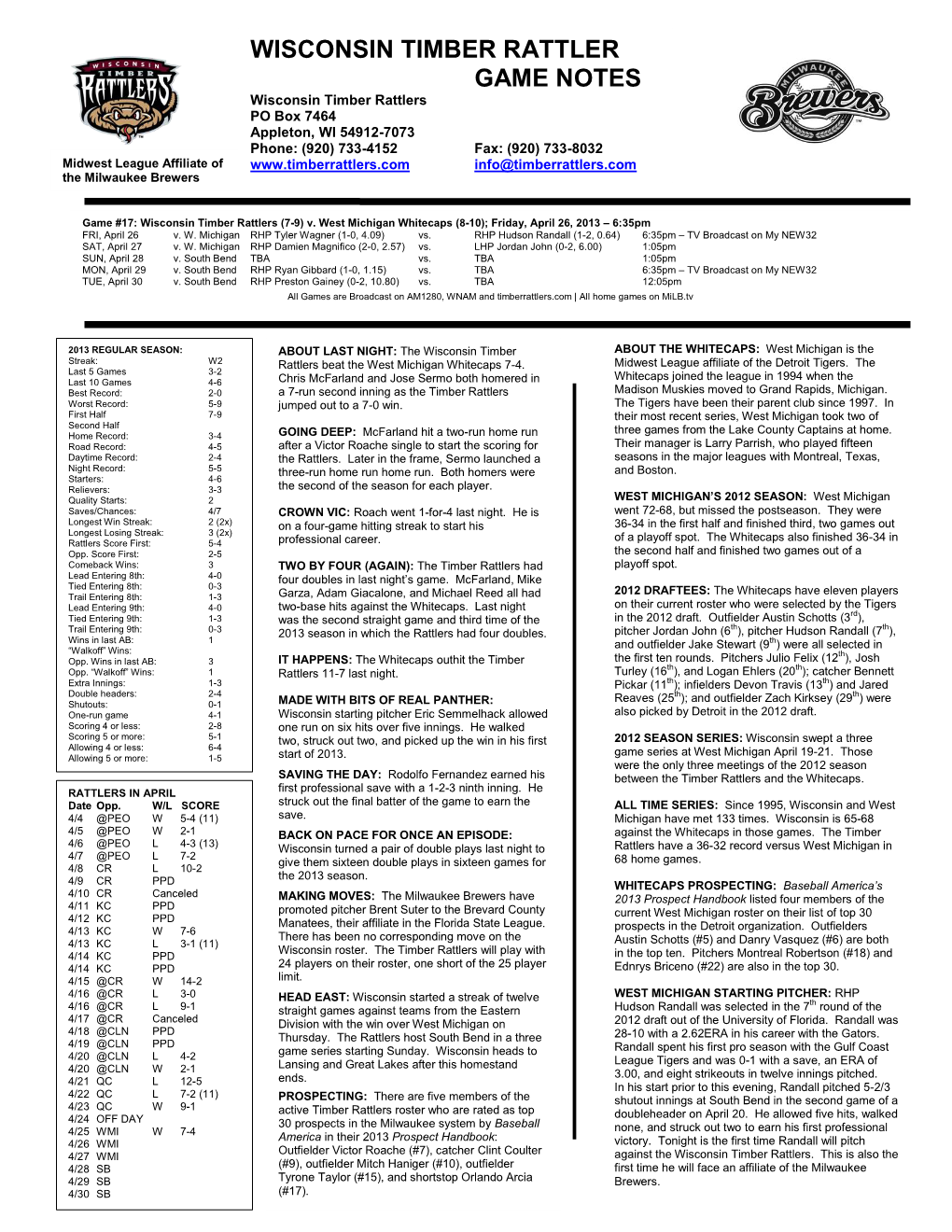 Wisconsin Timber Rattler Game Notes