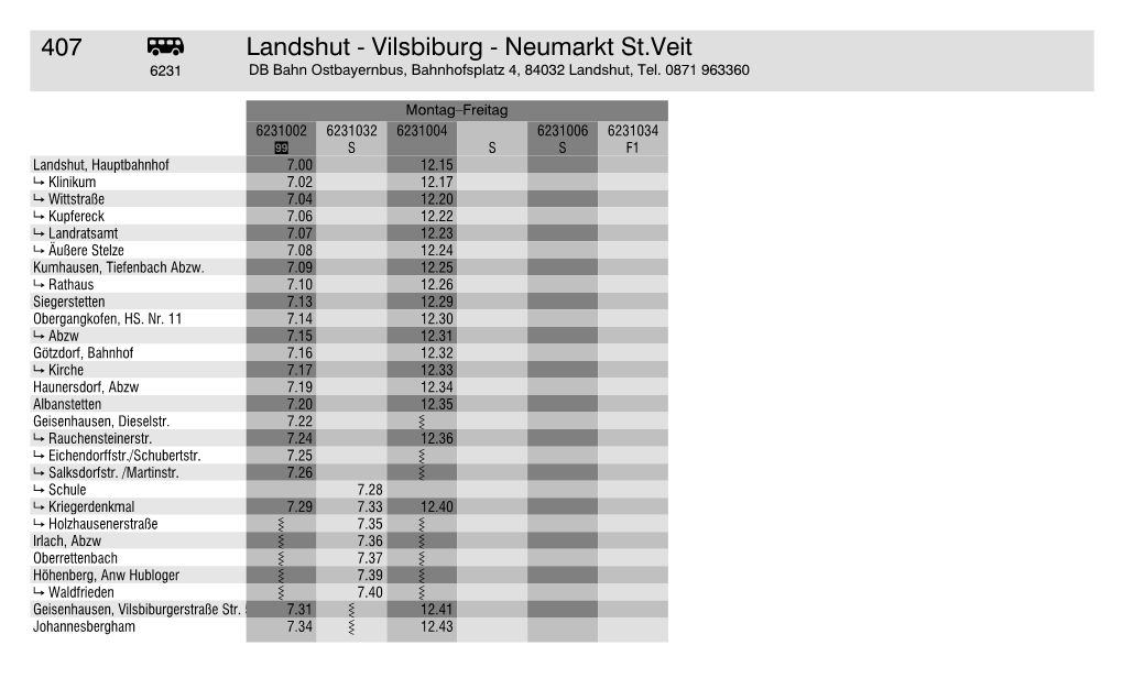 407 Õ Landshut - Vilsbiburg - Neumarkt St.Veit 6231 DB Bahn Ostbayernbus, Bahnhofsplatz 4, 84032 Landshut, Tel