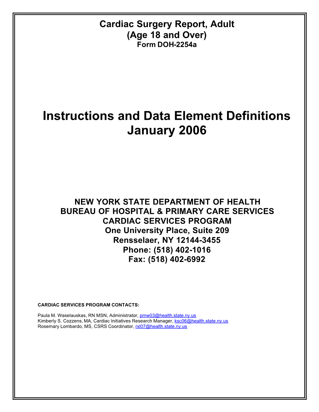 Instructions and Data Element Definitions for January 2006