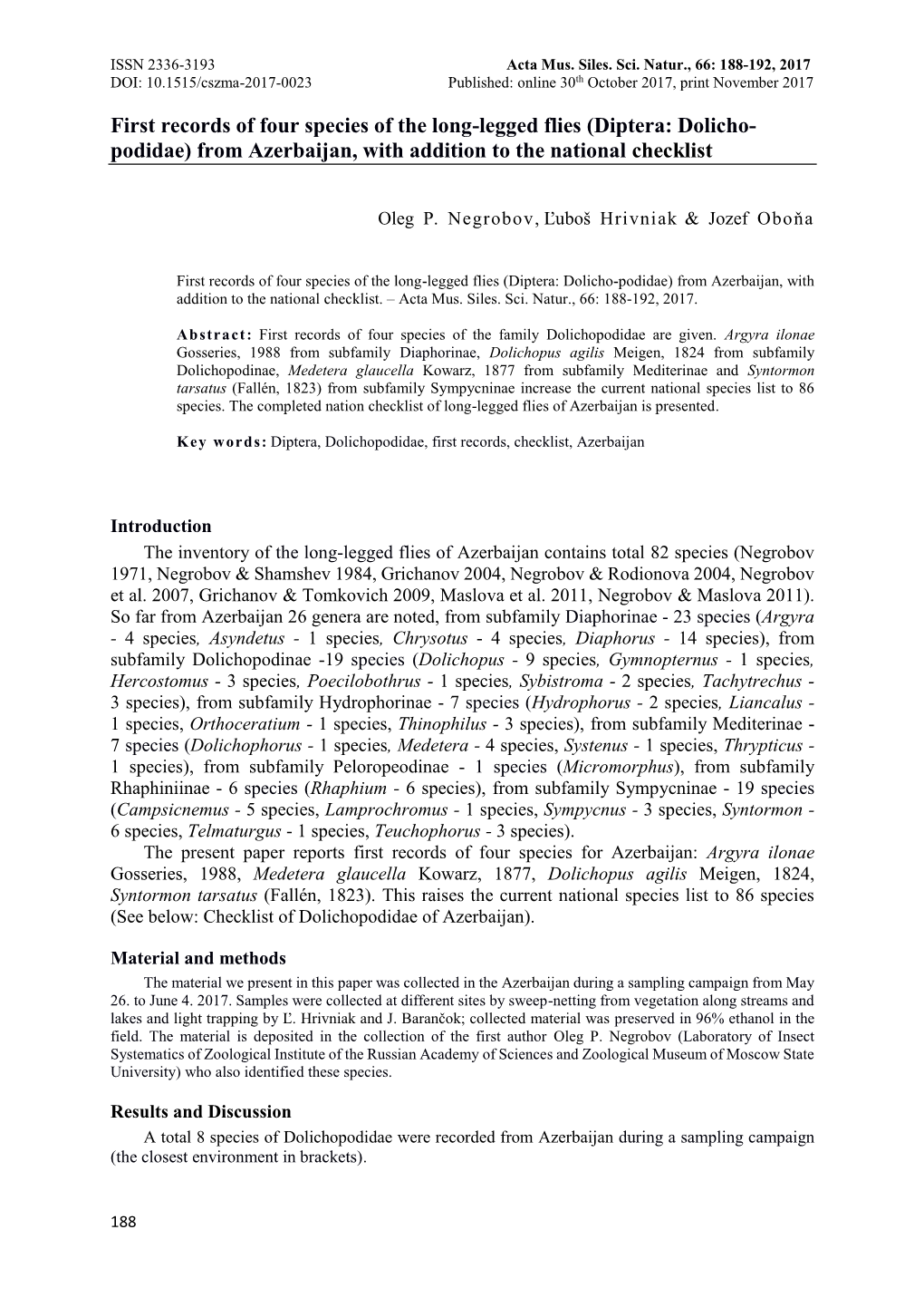 Diptera: Dolicho- Podidae) from Azerbaijan, with Addition to the National Checklist