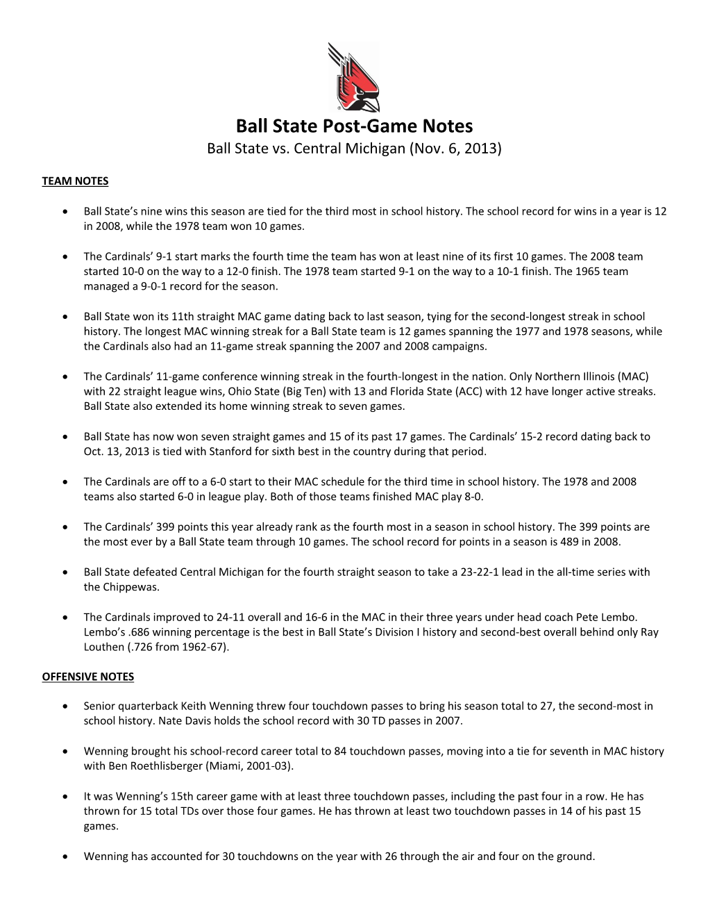 Ball State Post-Game Notes Ball State Vs