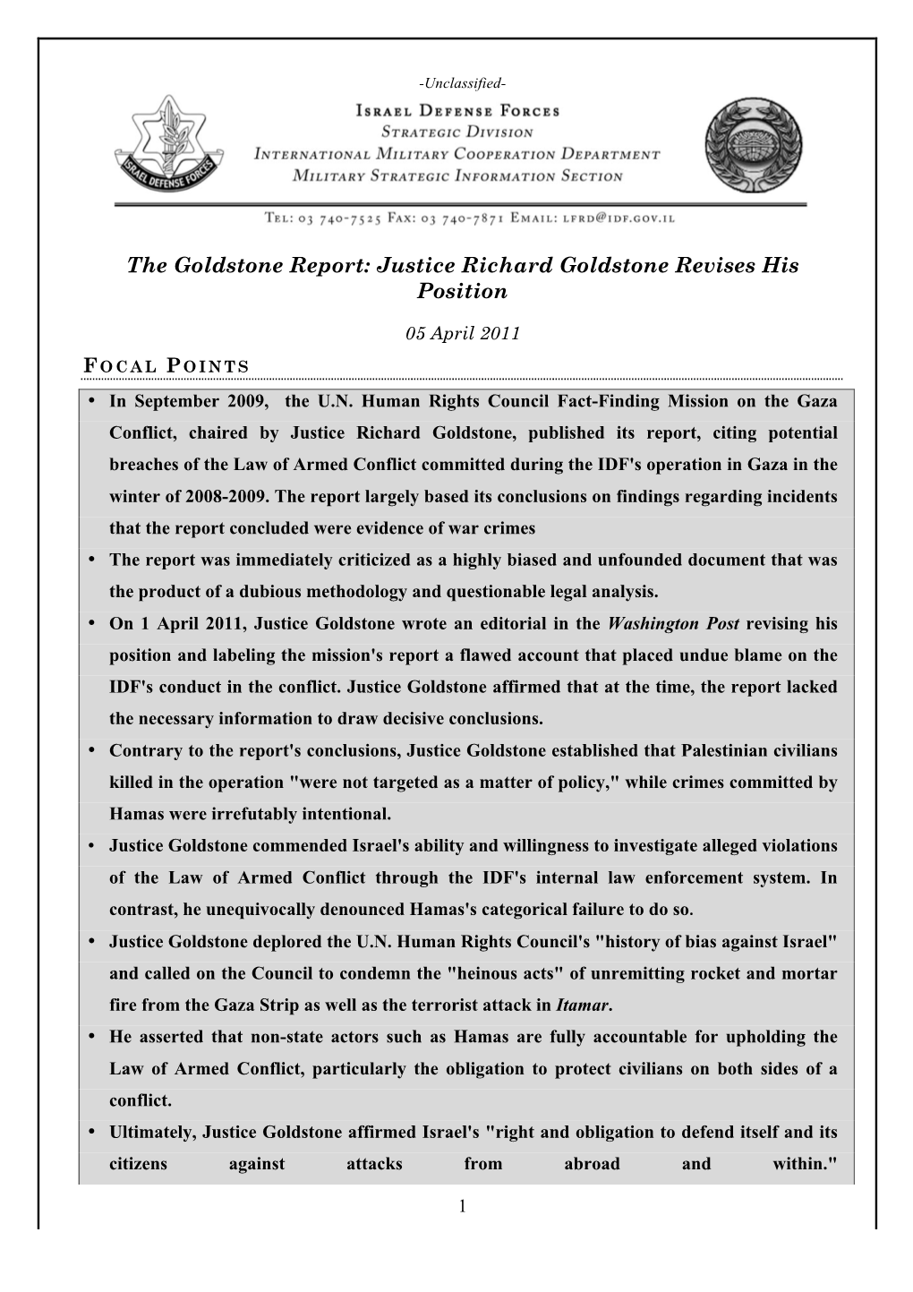 The Goldstone Report: Justice Richard Goldstone Revises His Position
