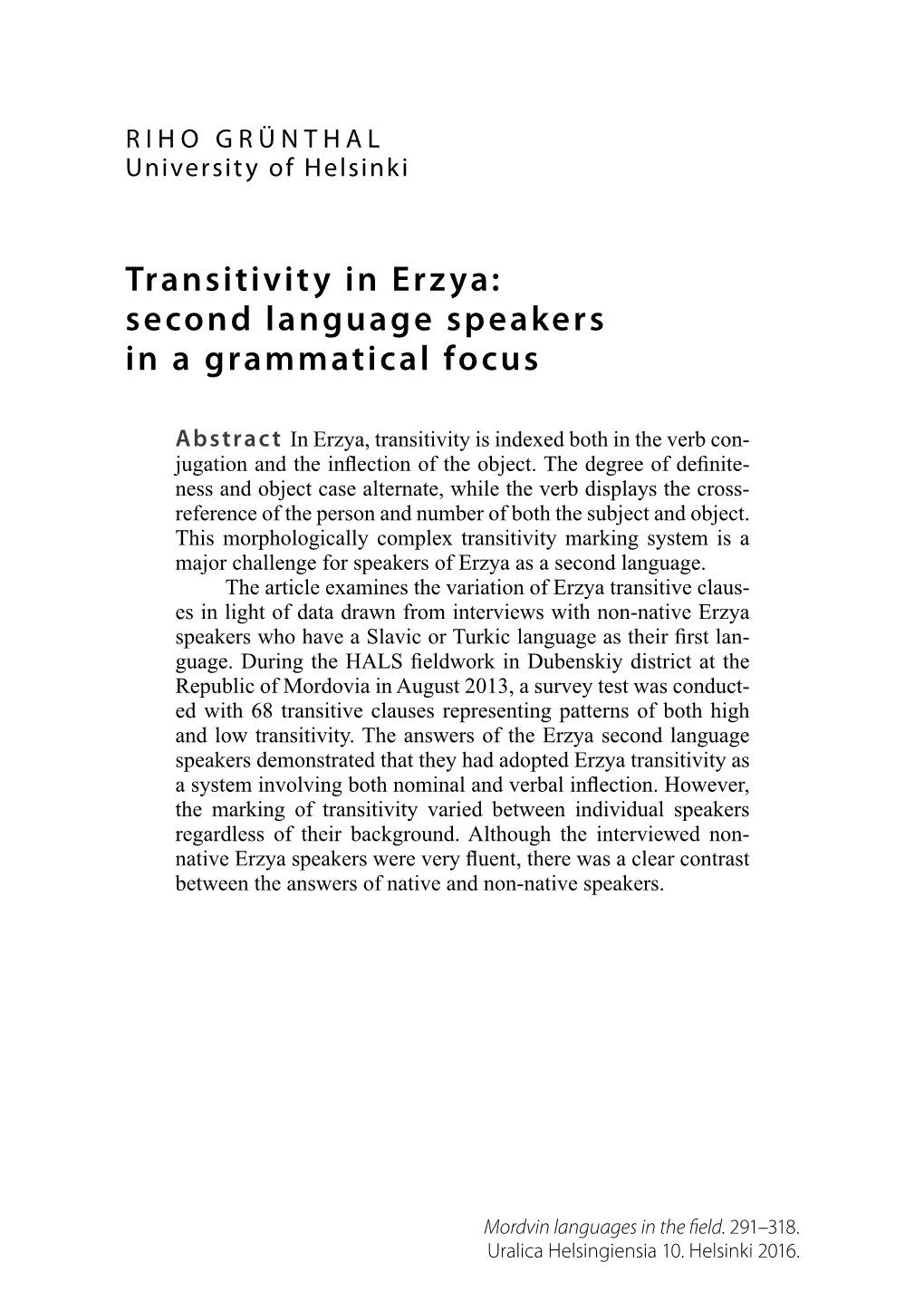Transitivity in Erzya: Second Language Speakers in a Grammatical Focus