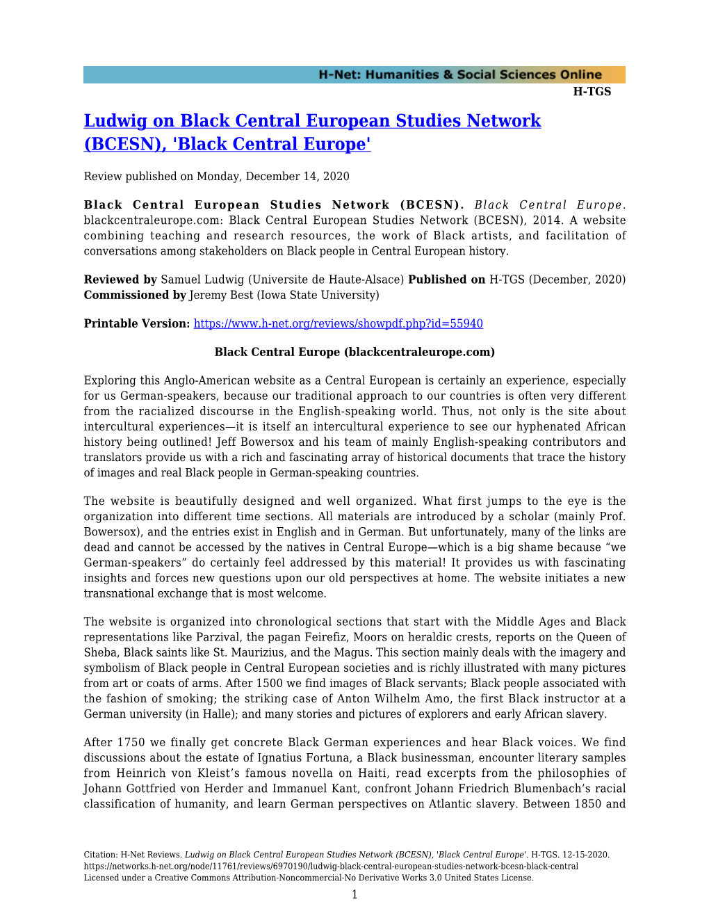 Ludwig on Black Central European Studies Network (BCESN), 'Black Central Europe'