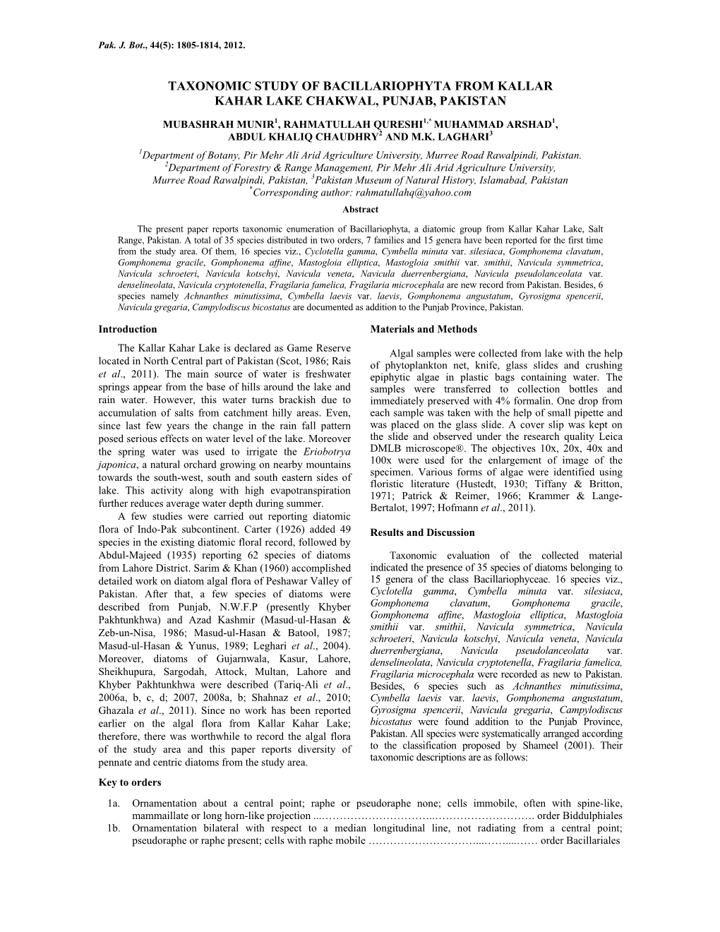 Taxonomic Study of Bacillariophyta from Kallar Kahar Lake Chakwal, Punjab, Pakistan