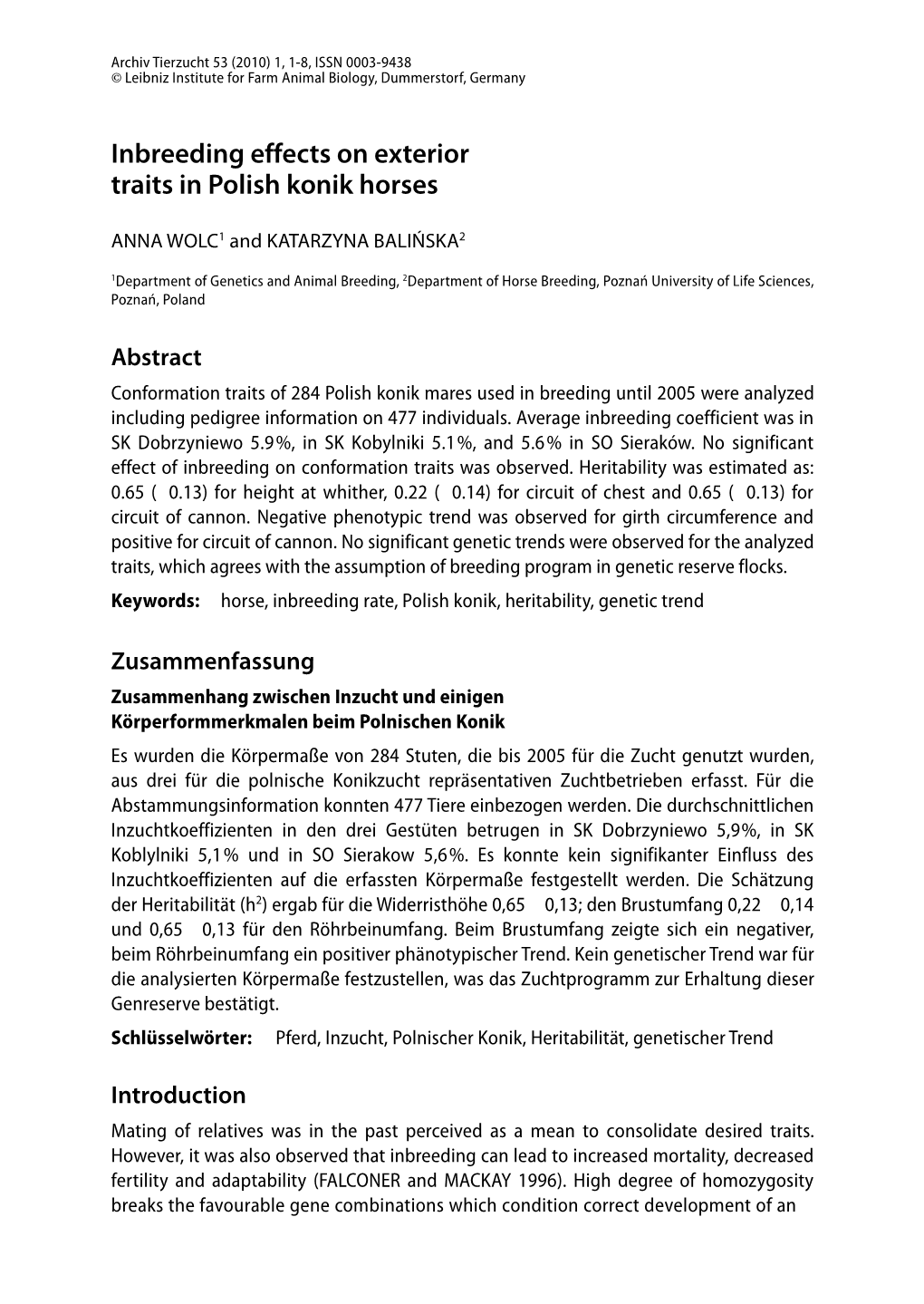 Inbreeding Effects on Exterior Traits in Polish Konik Horses