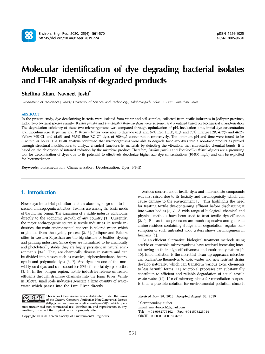 Molecular Identification of Dye Degrading Bacterial Isolates and FT-IR Analysis of Degraded Products