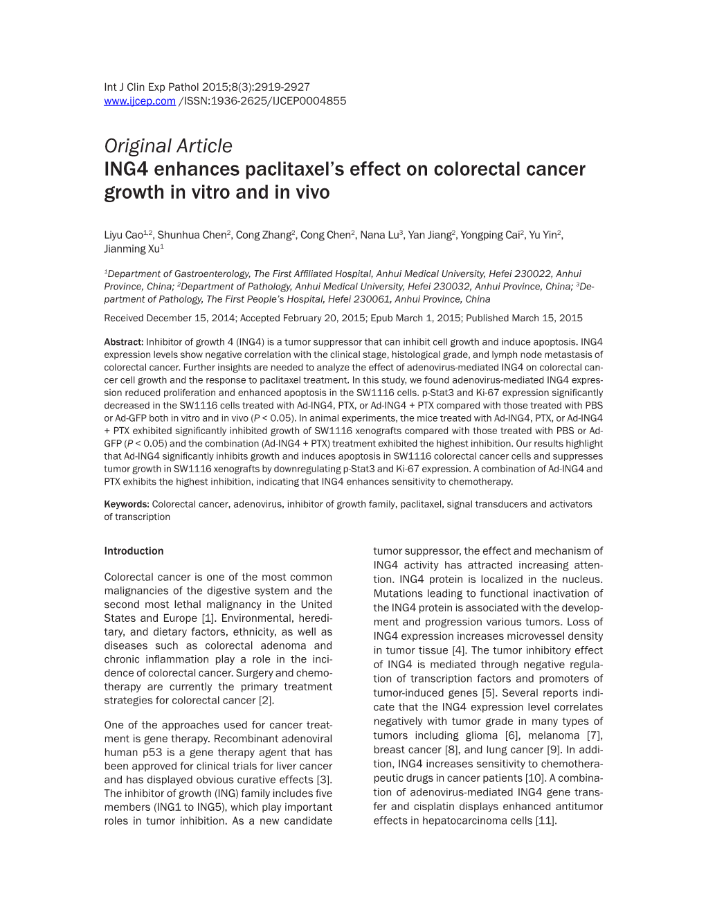 Original Article ING4 Enhances Paclitaxel's Effect on Colorectal