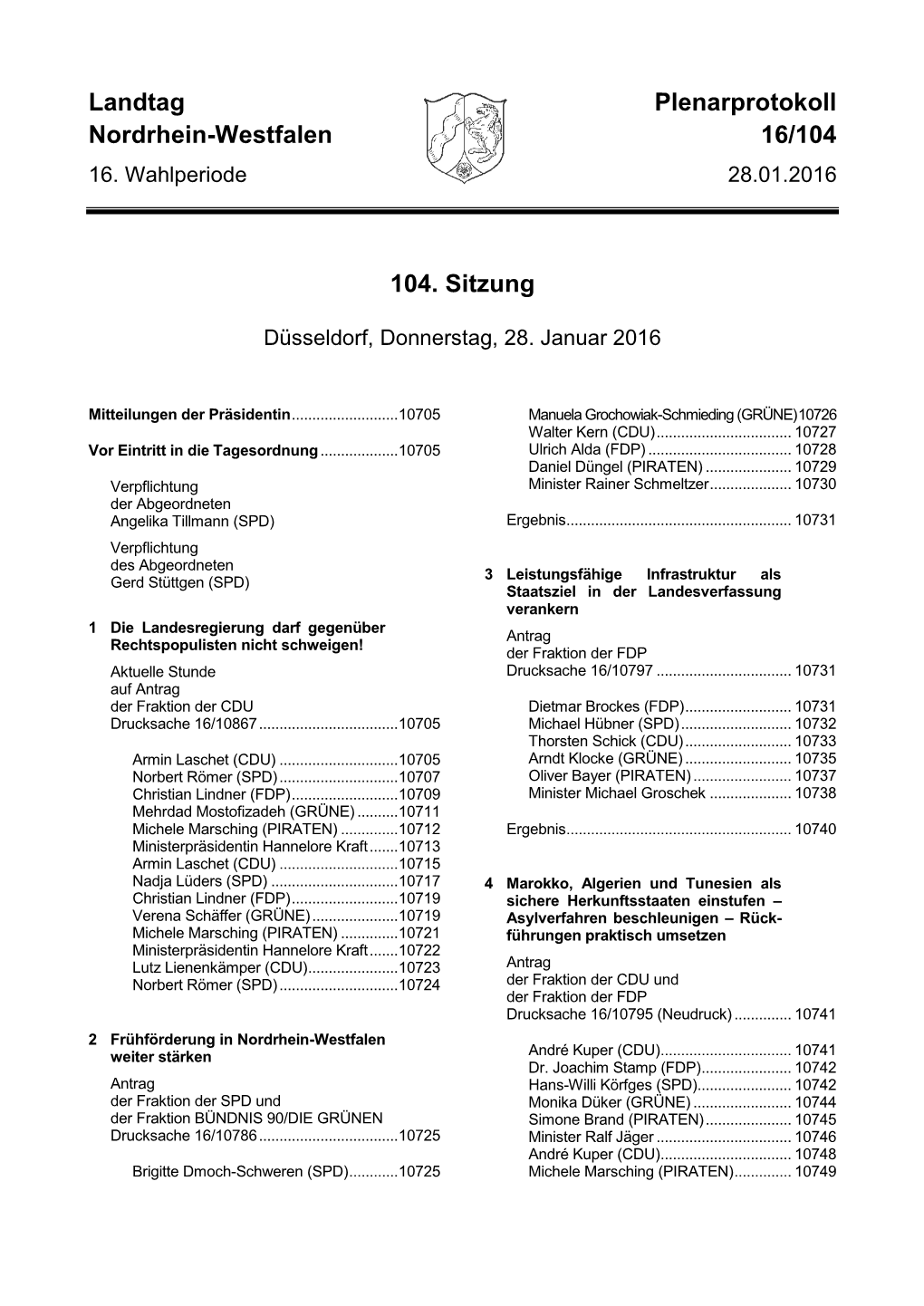 Landtag Plenarprotokoll Nordrhein-Westfalen 16/104 104