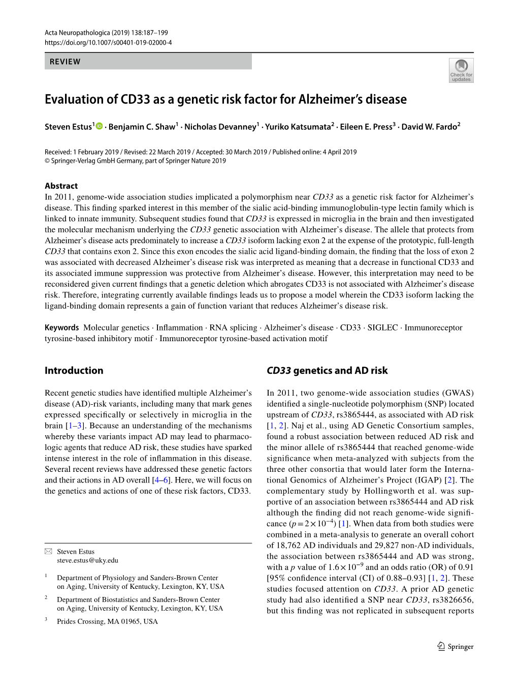 Evaluation of CD33 As a Genetic Risk Factor for Alzheimer's Disease