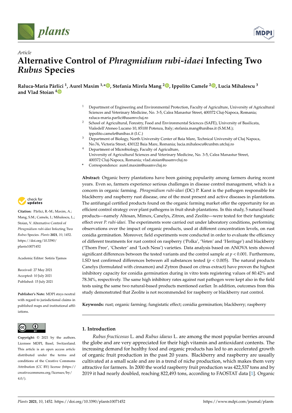 Alternative Control of Phragmidium Rubi-Idaei Infecting Two Rubus Species