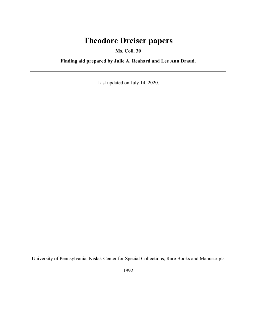 Theodore Dreiser Papers Ms