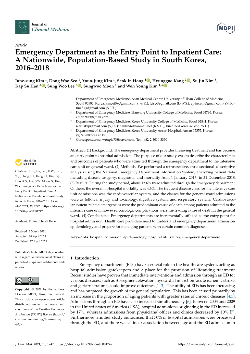 Emergency Department As the Entry Point to Inpatient Care: a Nationwide, Population-Based Study in South Korea, 2016–2018