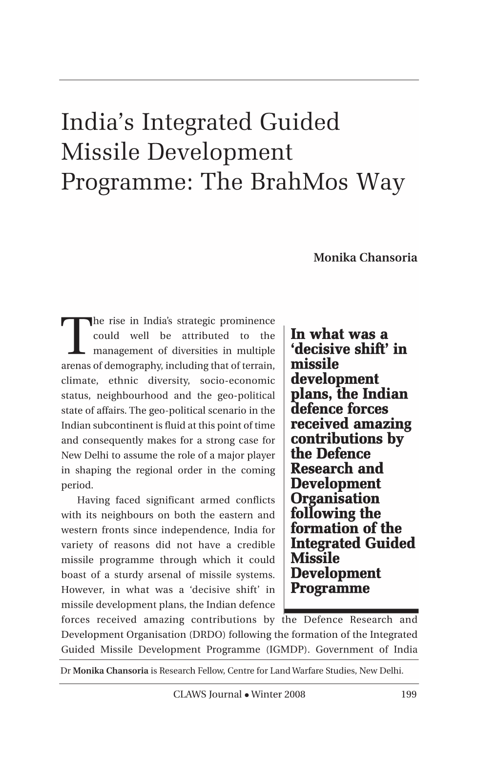 India's Integrated Guided Missile Development Programme: the Brahmos Way