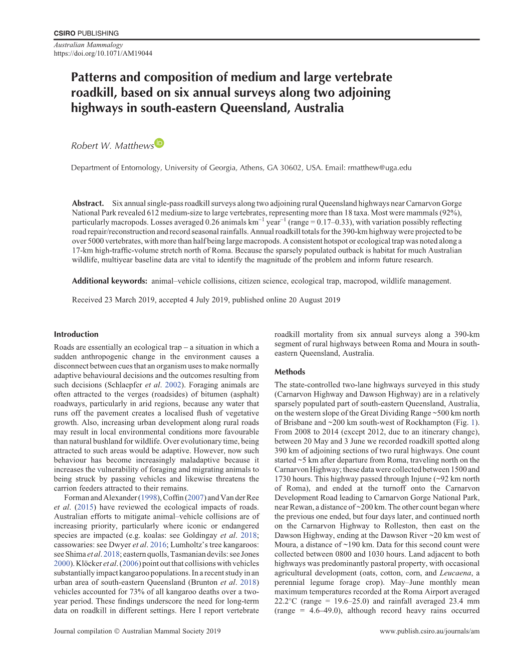 Patterns and Composition of Medium and Large Vertebrate Roadkill, Based on Six Annual Surveys Along Two Adjoining Highways in South-Eastern Queensland, Australia