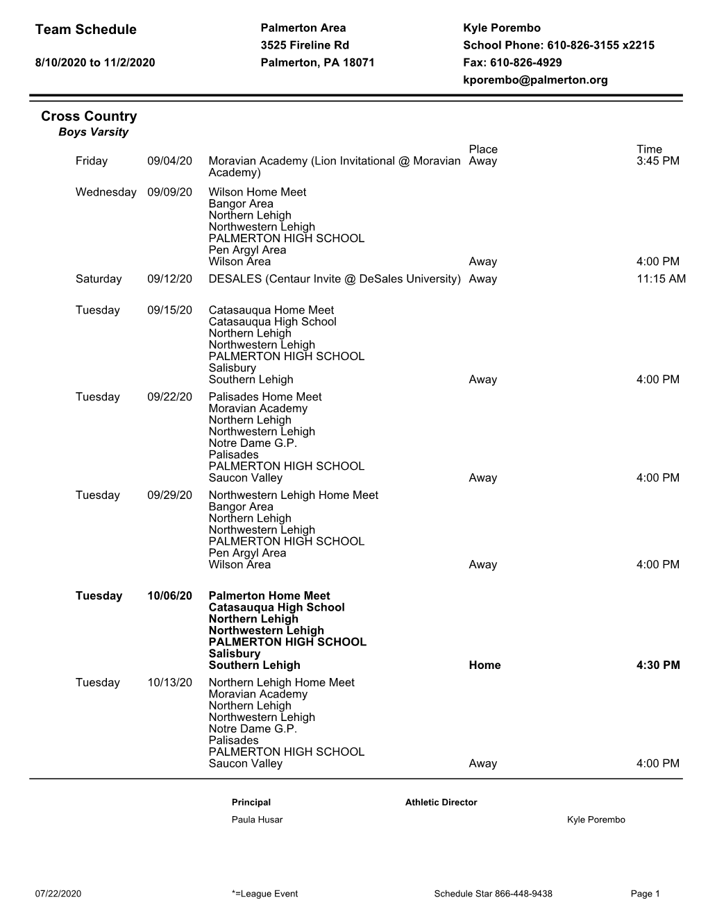 20-21 Fall Sports Schedules