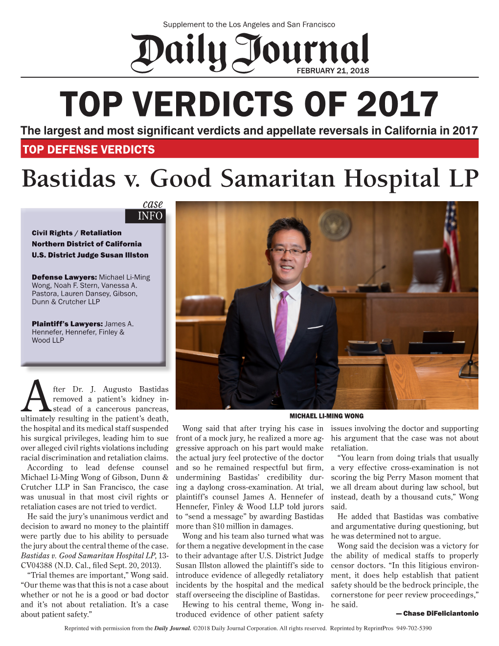 TOP VERDICTS of 2017 the Largest and Most Significant Verdicts and Appellate Reversals in California in 2017 TOP DEFENSE VERDICTS Bastidas V