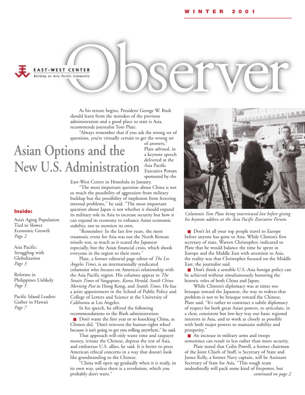 East-West Center Observer, Winter 2001