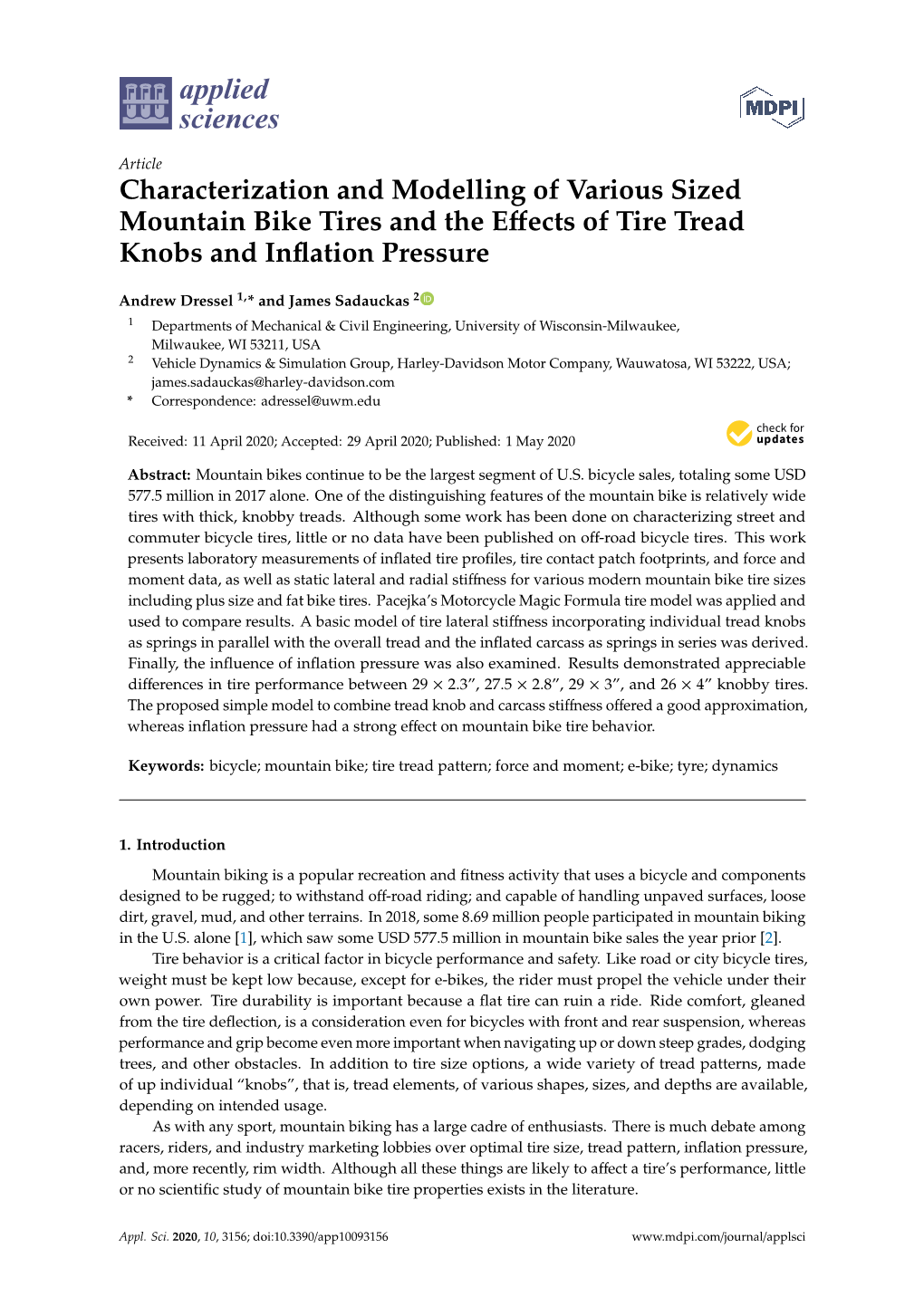 Characterization and Modelling of Various Sized Mountain Bike Tires and the Eﬀects of Tire Tread Knobs and Inﬂation Pressure