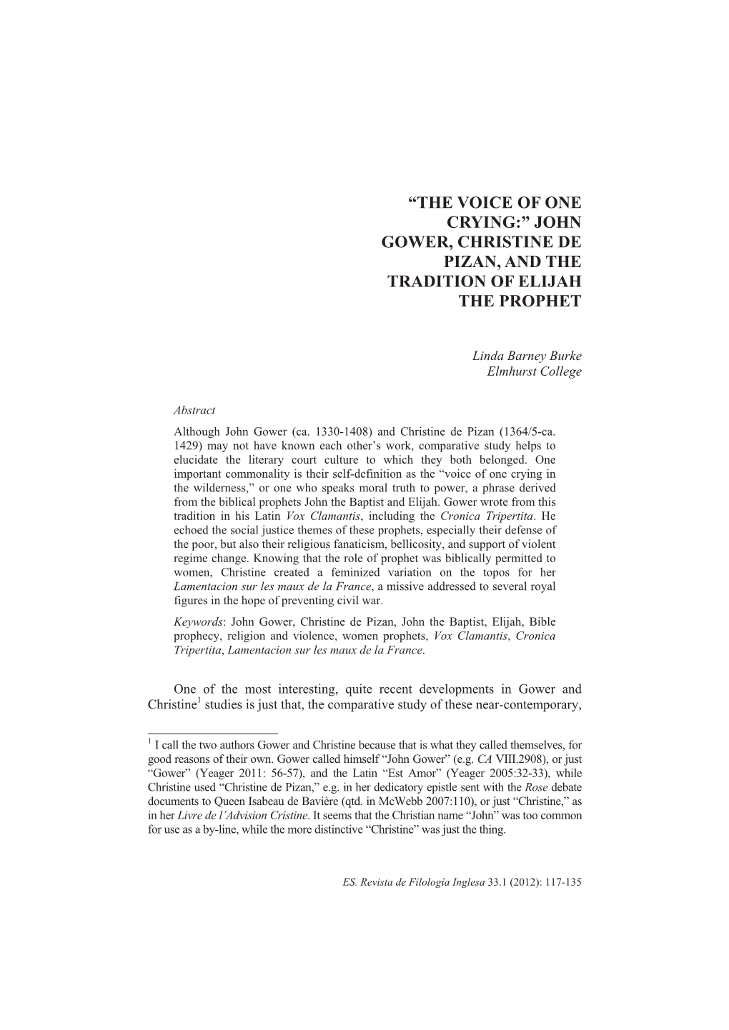 “The Voice of One Crying:” John Gower, Christine De Pizan, and the Tradition of Elijah the Prophet