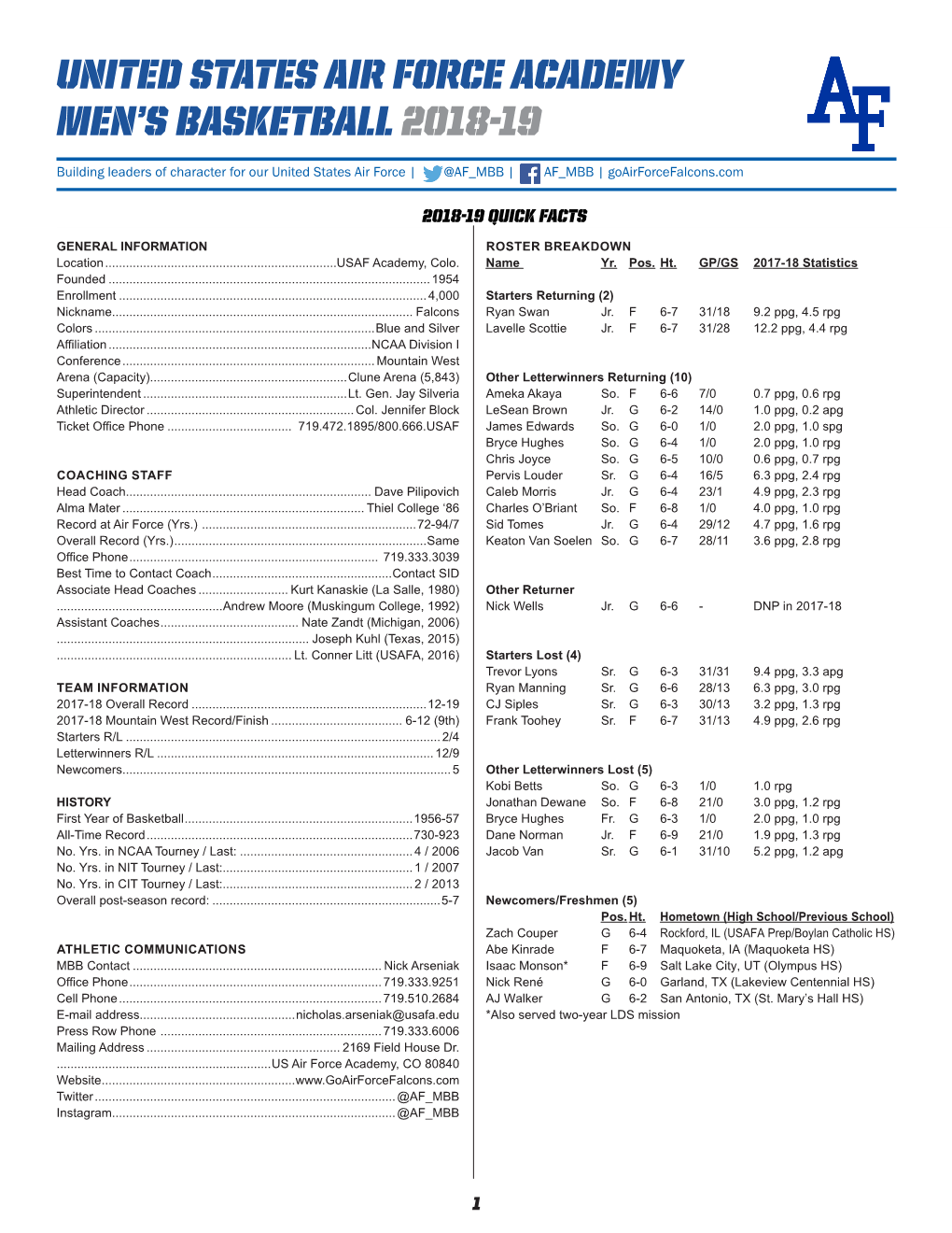 United States Air Force Academy Men's Basketball 2018-19