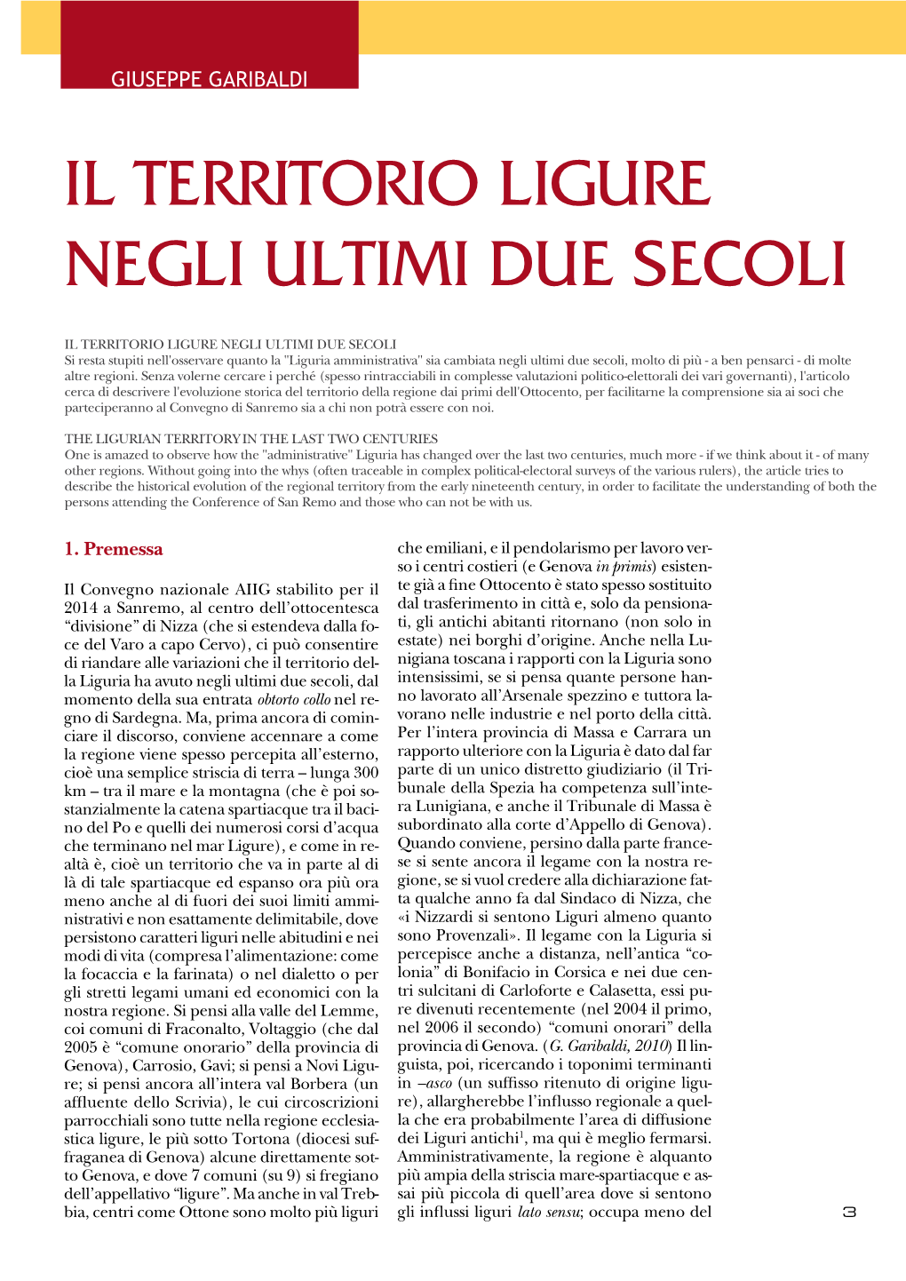 Il Territorio Ligure Negli Ultimi Due Secoli, Di Giuseppe Garibaldi