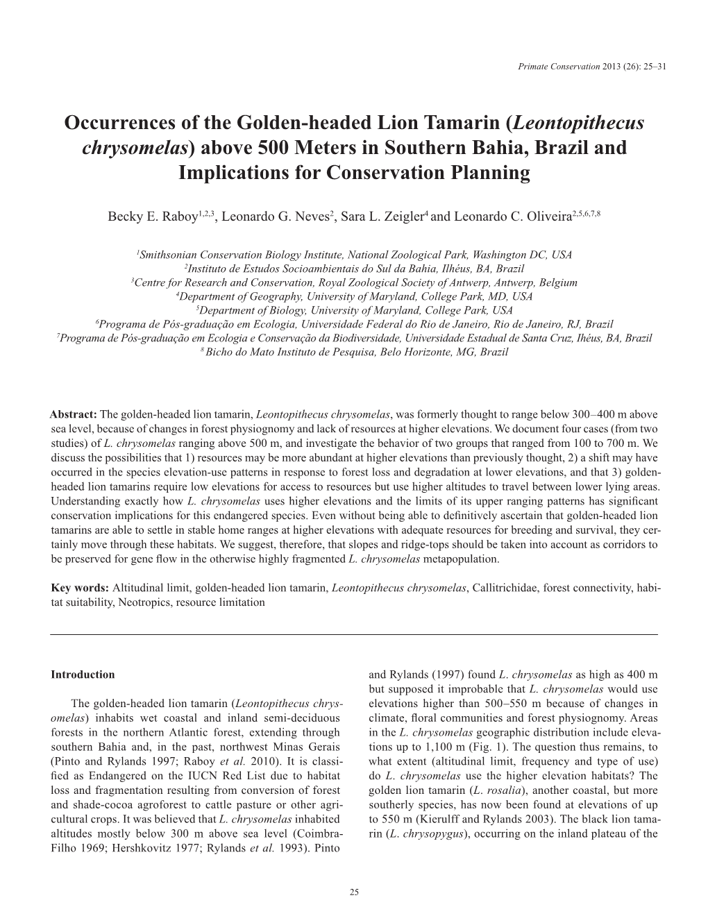 Occurrences of the Golden-Headed Lion Tamarin (Leontopithecus Chrysomelas) Above 500 Meters in Southern Bahia, Brazil and Implications for Conservation Planning