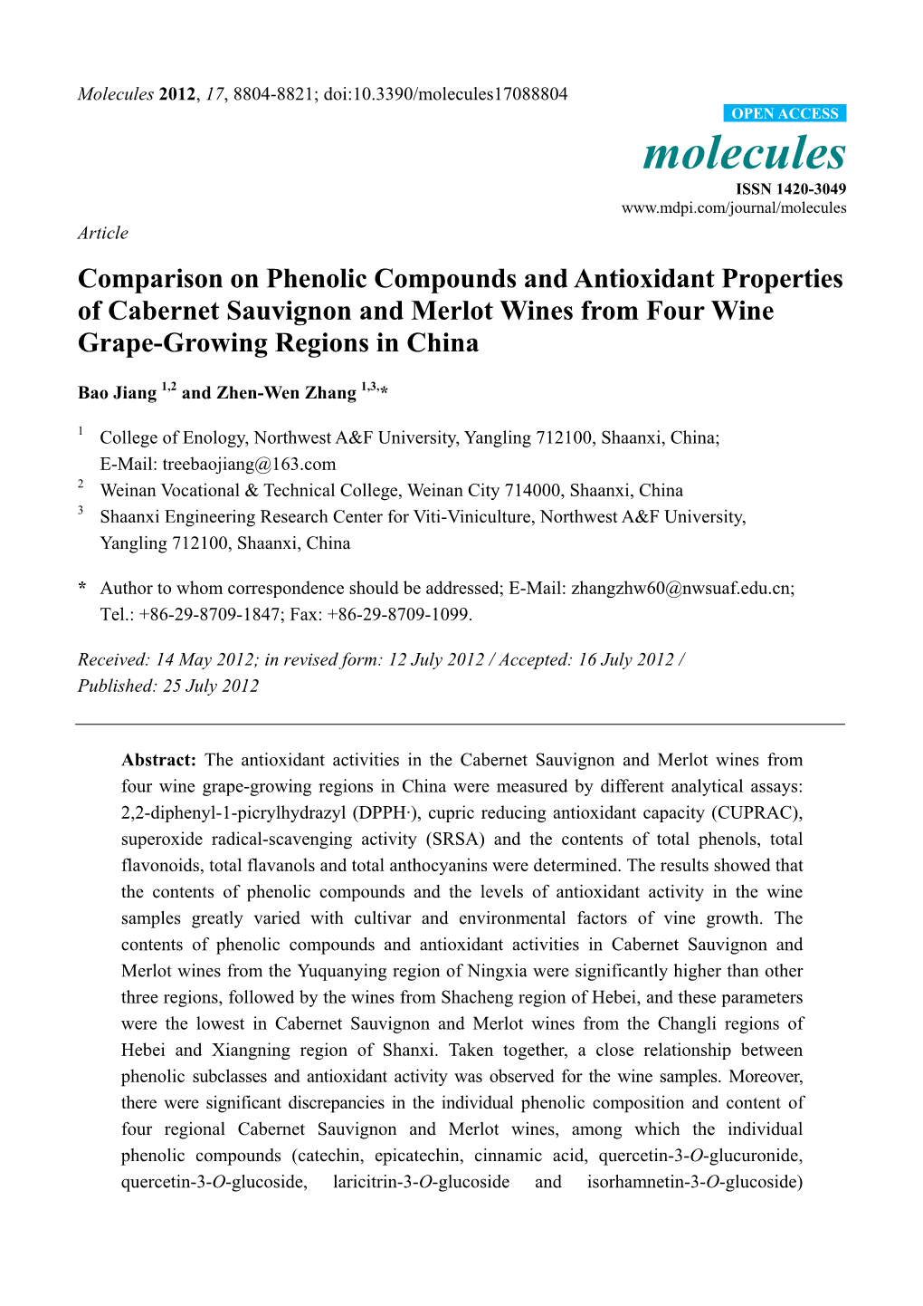 Comparison on Phenolic Compounds and Antioxidant Properties of Cabernet Sauvignon and Merlot Wines from Four Wine Grape-Growing Regions in China